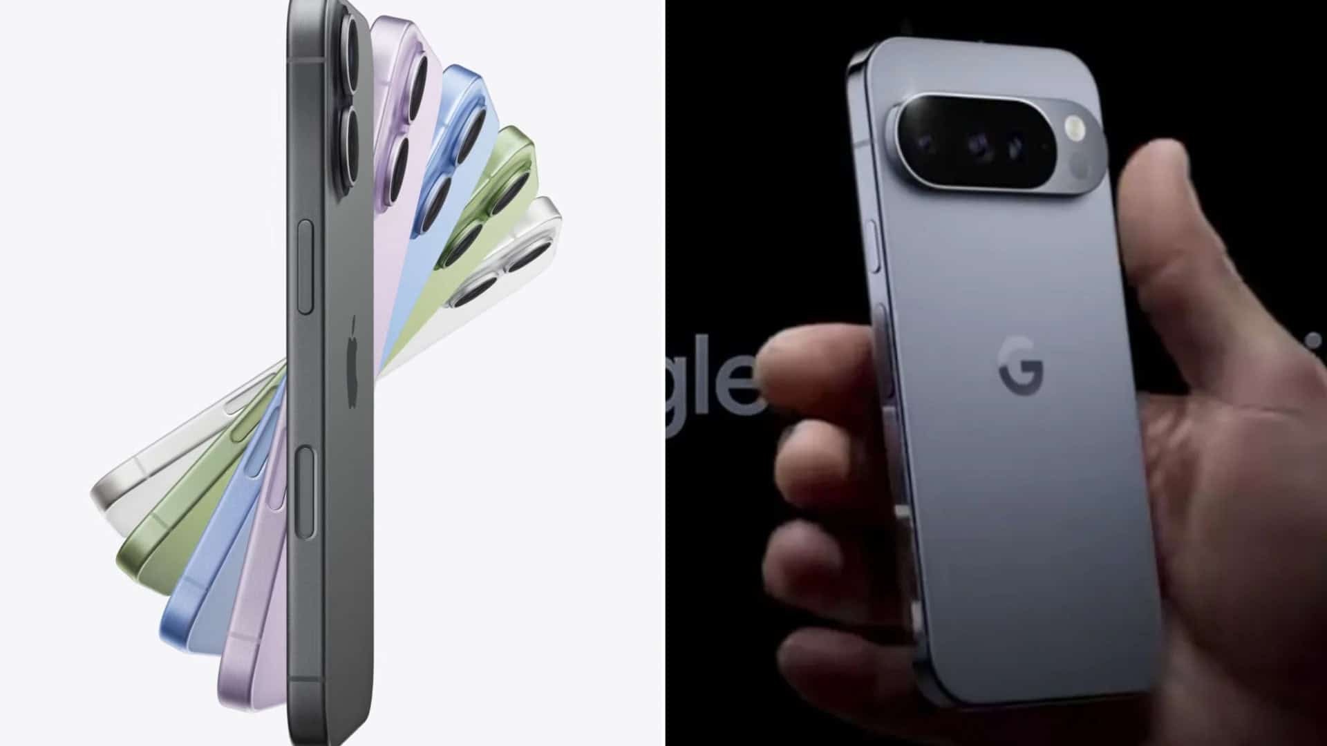 Montagem com imagens do iPhone 17 e do Pixel 10 do Google