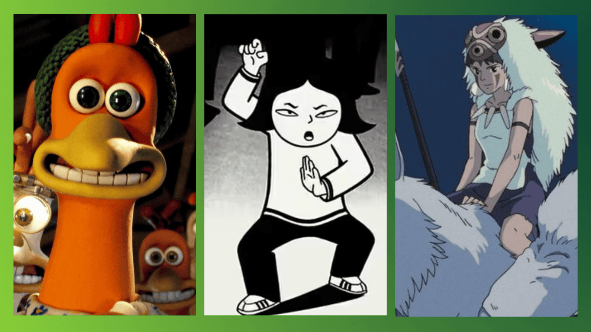 Montagem com frames três filmes: A Fuga das Galinhas, Persépolis e Princesa Mononoke
