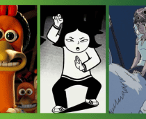 Montagem com frames três filmes: A Fuga das Galinhas, Persépolis e Princesa Mononoke