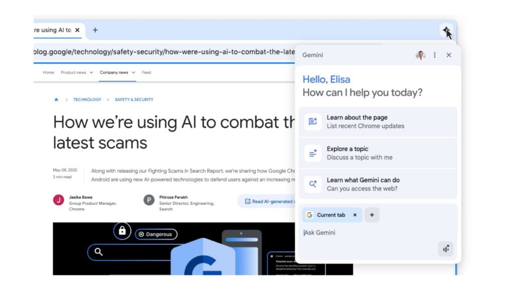 Captura de tela mostrando botão do Gemini e caixa com opções oferecidas pela inteligência artificial (IA) no Chrome