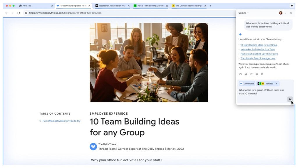 Captura de tela mostrando Gemini lidando com prompts relacionados a abas no Google Chrome