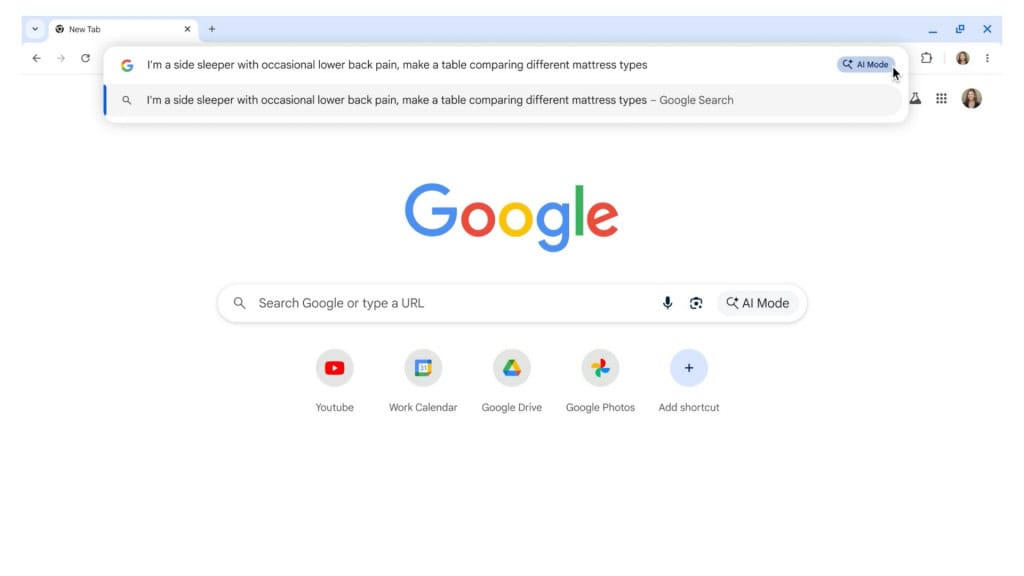 Captura de tela mostrando usuário fazendo pesquisa na barra de endereço do Chrome e ativando o Modo IA em seguida