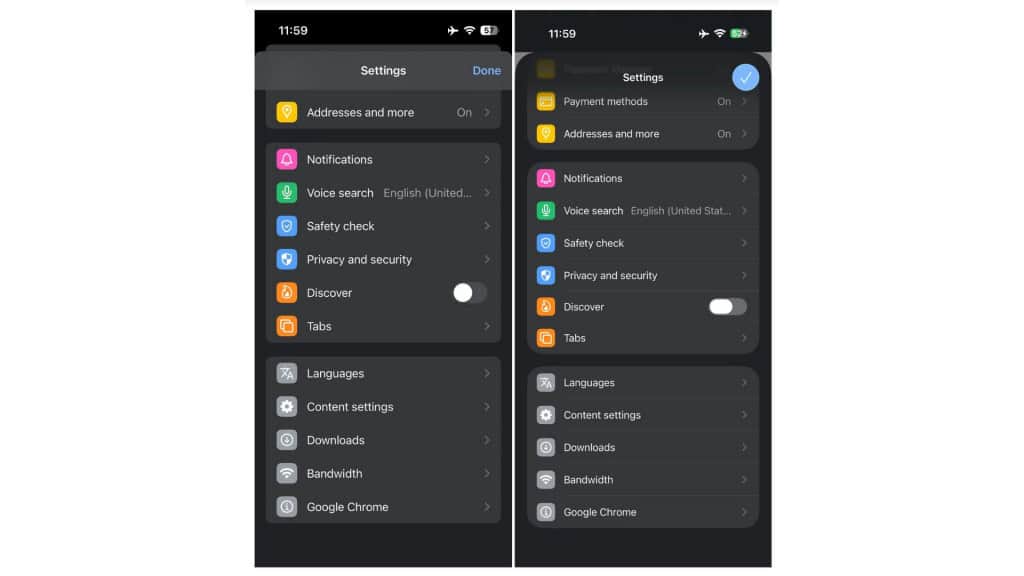 Captura de tela comparando tela de configurações no Google Chrome antes e depois do navegador incorporar o Liquid Glass do iOS 26