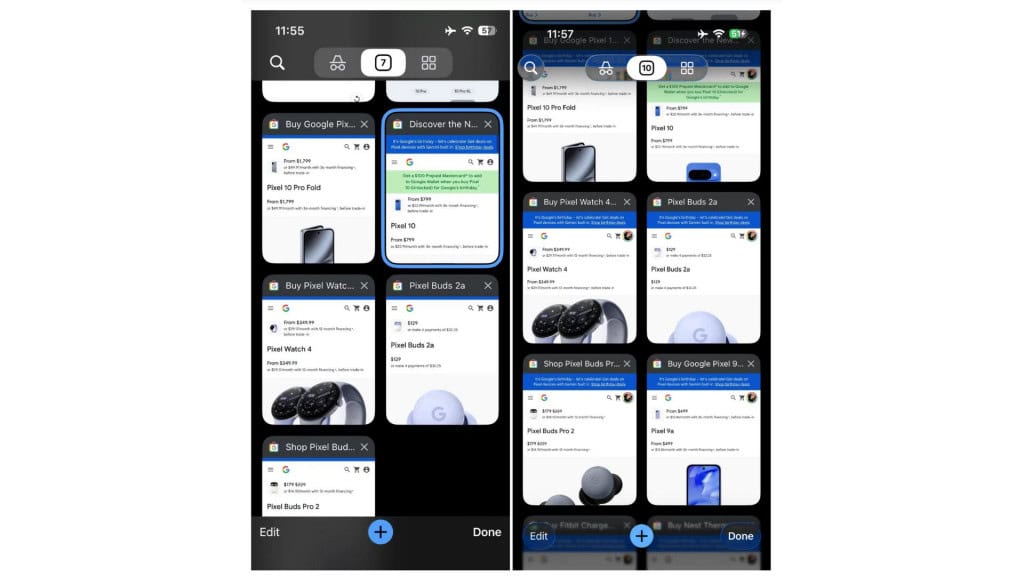 Captura de tela comparando grade de abas no Google Chrome antes e depois do navegador incorporar o Liquid Glass do iOS 26