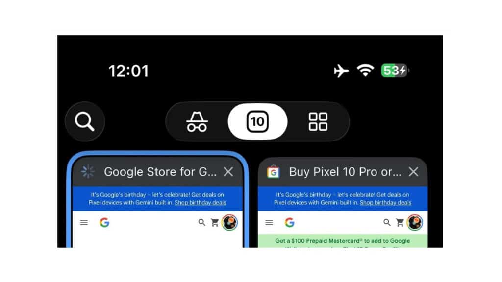 Captura de tela comparando ícone de carregamento de aba no Google Chrome antes e depois do navegador incorporar o Liquid Glass do iOS 26