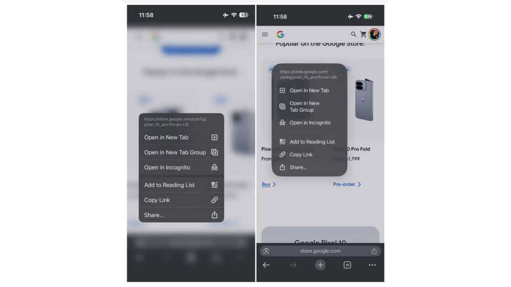 Captura de tela comparando menus contextuais no Google Chrome antes e depois do navegador incorporar o Liquid Glass do iOS 26