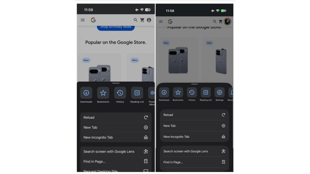 Captura de tela comparando menus e botões no Google Chrome antes e depois do navegador incorporar o Liquid Glass do iOS 26