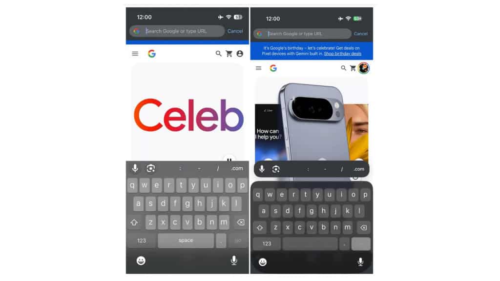 Captura de tela comparando teclado no Google Chrome antes e depois do navegador incorporar o Liquid Glass do iOS 26