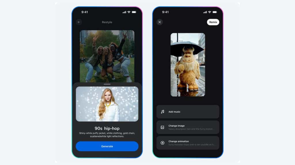 Montagem de celulares mostrando telas do Vibes, novo feed de vídeos de IA da Meta