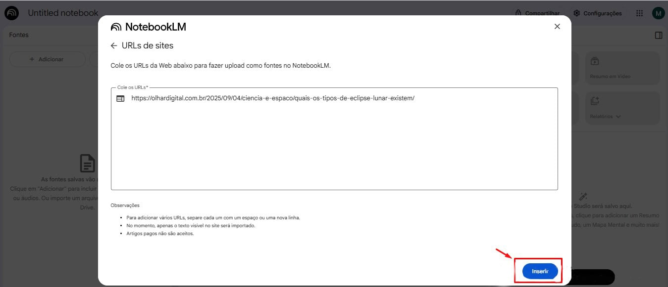 Passo 4 para utilizar o NotebookLM