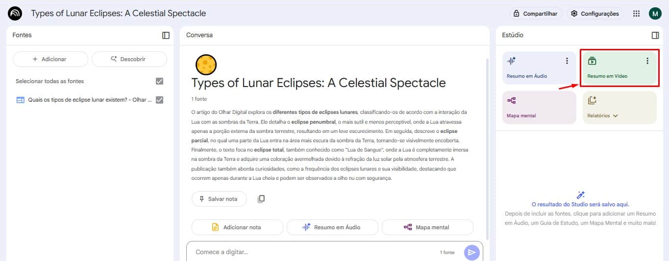 Passo 5 para utilizar o NotebookLM