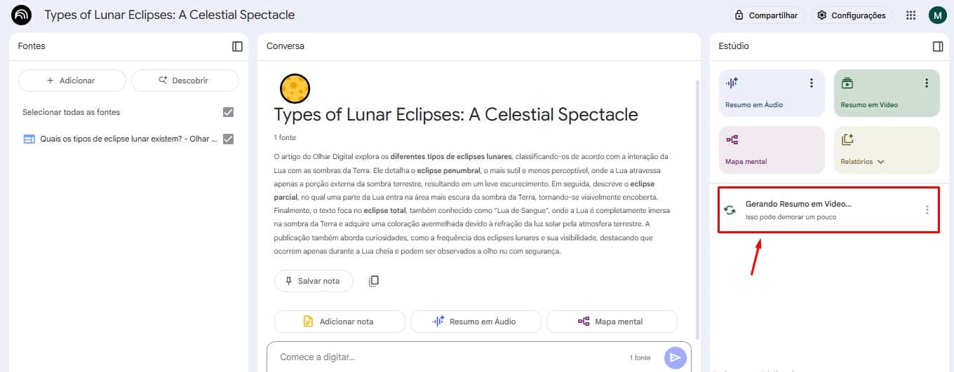 Passo 6 para utilizar o NotebookLM