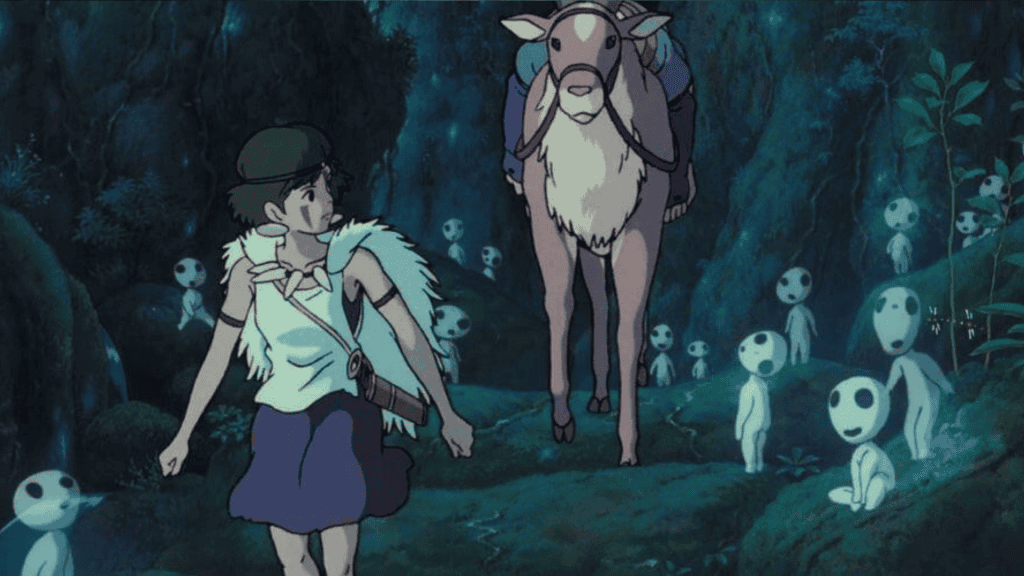 Cena de Princesa Mononoke, mostrando-a andando em meio aos espíritos da floresta