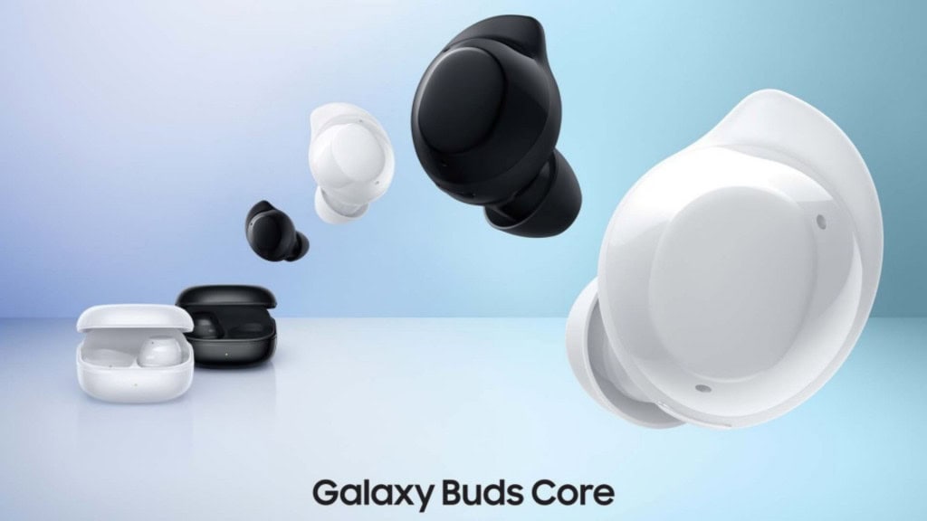 Montagem mostrando fones de ouvido Galaxy Buds Core da Samsung