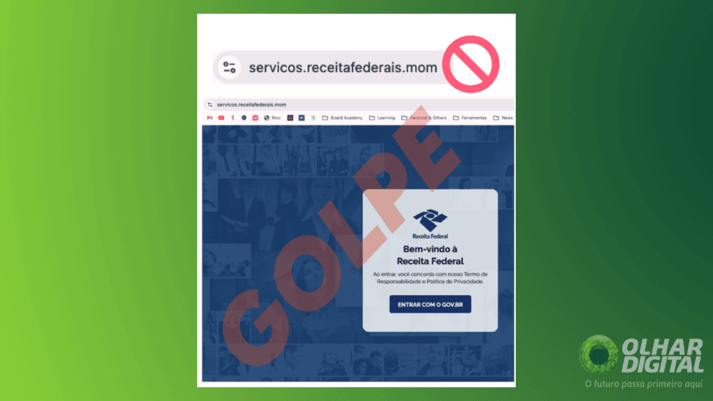 Captura de tela com site falso da Receita Federal, com destaque para o fim da URL ".mom"