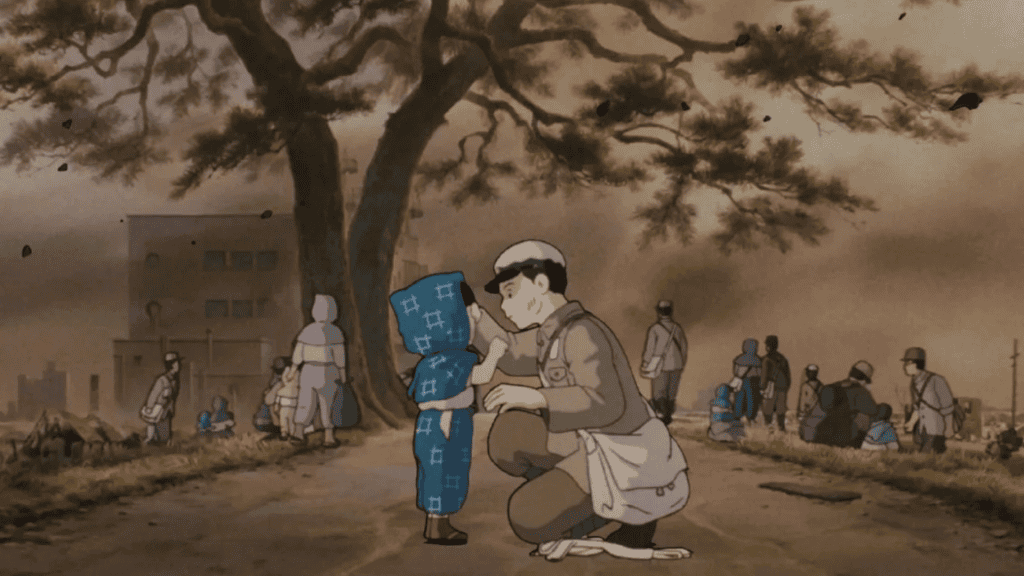 Cena da animação Túmulo dos Vagalumes mostrando as crianças protagonistas em meio a guerra