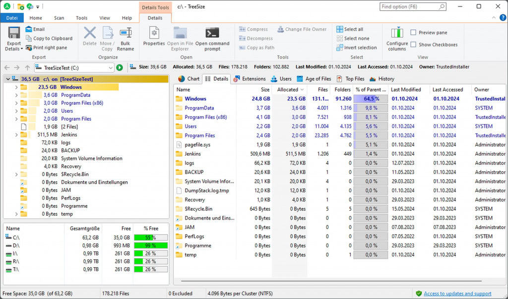 Imagem mostra captura de tela no site JAM Software com a configuração do TreeSize Free