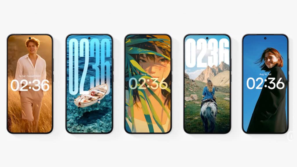 Montagem com papeis de parede do HyperOS 3, sistema da Xiaomi baseado no Android 16