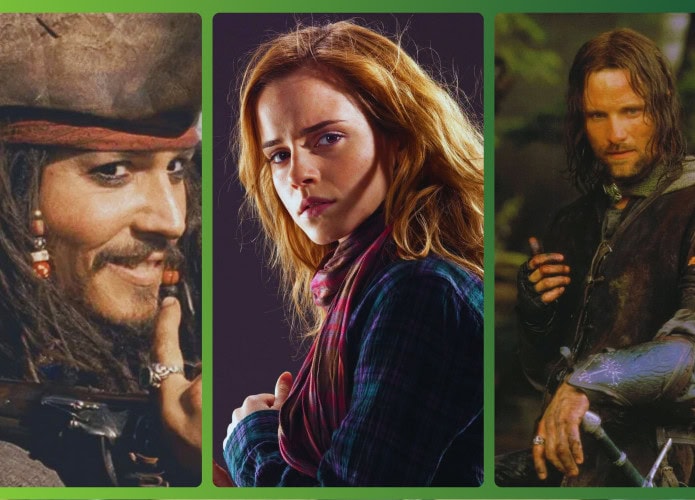 Capitão Jack Sparrow (Piratas do Caribe), Hermione (dos filmes Harry Potter) e Aragorn (de Senhor dos Aneis)