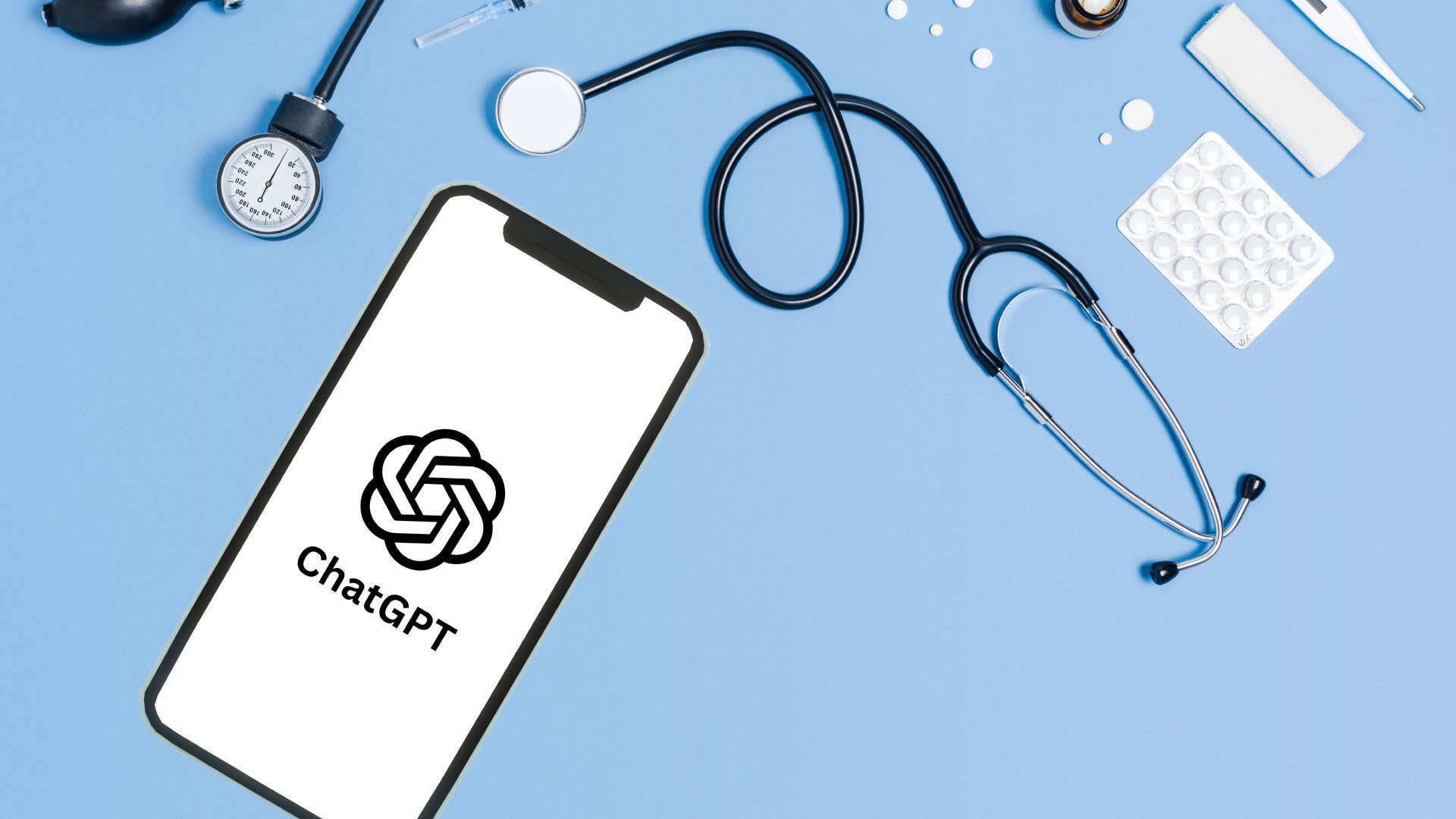 Tela de celular com ChatGPT e itens médicos, como remédio, seringa, medidor de pressão, termômetro e estetoscópio