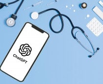 Tela de celular com ChatGPT e itens médicos, como remédio, seringa, medidor de pressão, termômetro e estetoscópio