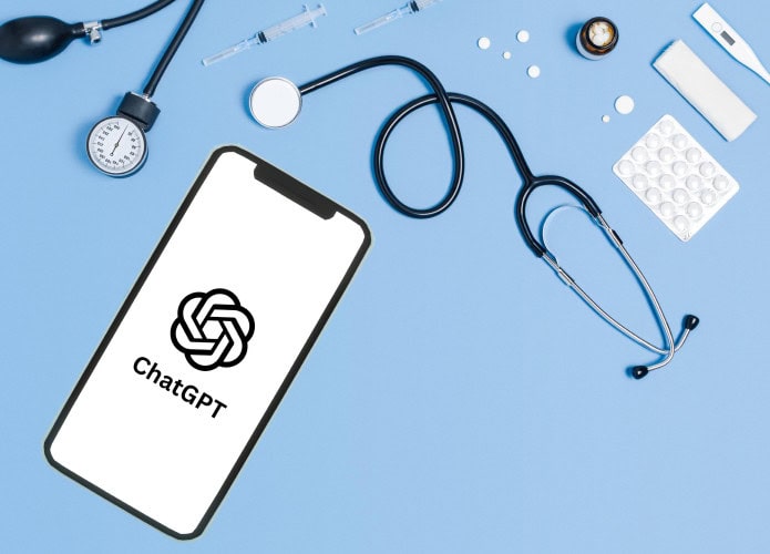 Tela de celular com ChatGPT e itens médicos, como remédio, seringa, medidor de pressão, termômetro e estetoscópio