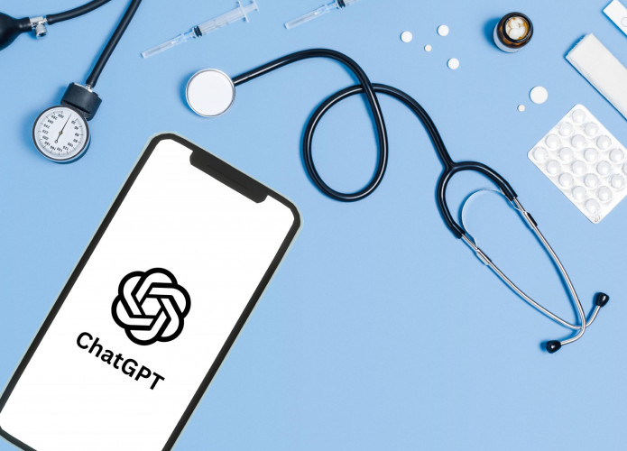 Tela de celular com ChatGPT e itens médicos, como remédio, seringa, medidor de pressão, termômetro e estetoscópio