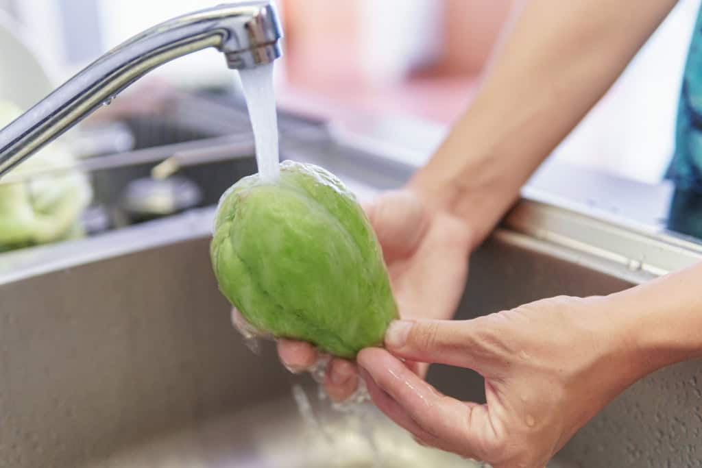 Mulher lavando chuchu em torneira da cozinha