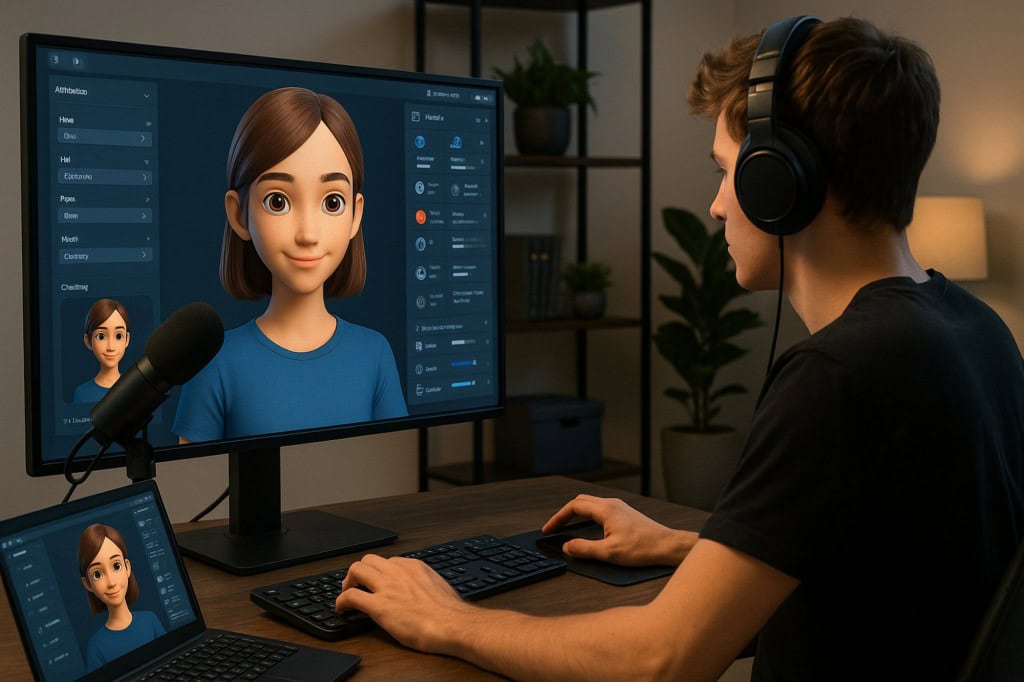 Homem jovem edita um avatar feito por IA no computador