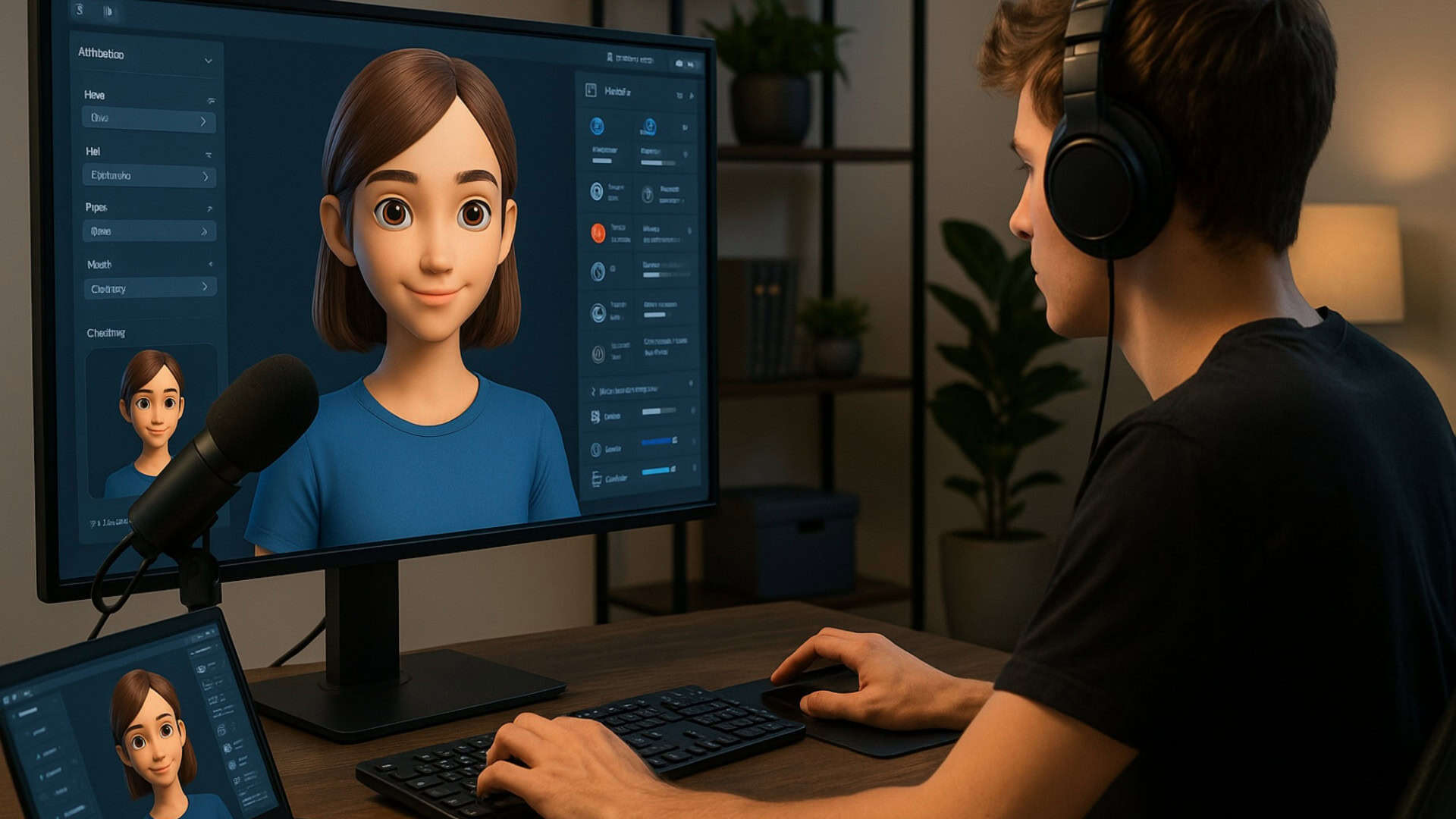 Homem jovem edita um avatar feito por IA no computador