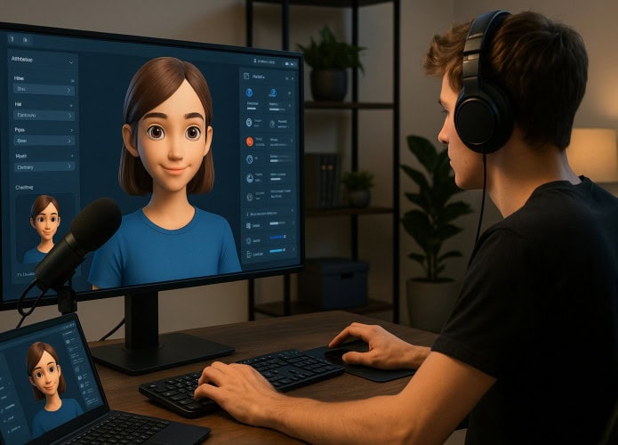 Homem jovem edita um avatar feito por IA no computador