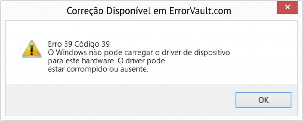 Imagem ilustrativa do Erro 39, também conhecido como Código 39 e sua descrição é O Windows não pode carregar o driver de dispositivo para este hardware. O driver pode estar corrompido ou ausente