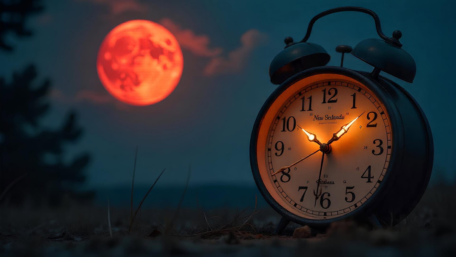Imagem-conceito do horário que ocorre um eclipse lunar total com um relógio em primeiro plano e uma lua de sangue em segundo plano