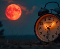 Imagem-conceito do horário que ocorre um eclipse lunar total com um relógio em primeiro plano e uma lua de sangue em segundo plano