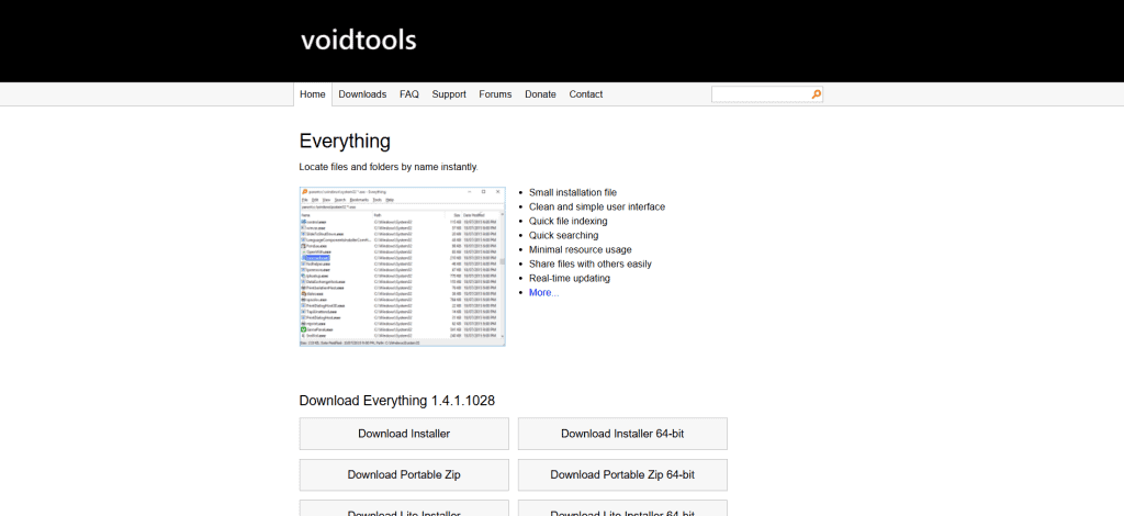 Captura de tela do site Voidtolls para download do Everything
