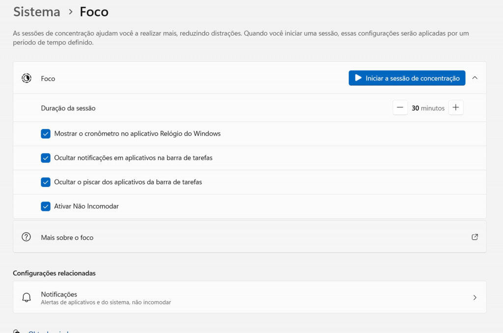 Captura de tela para encontrar a opção Foco no Windows 