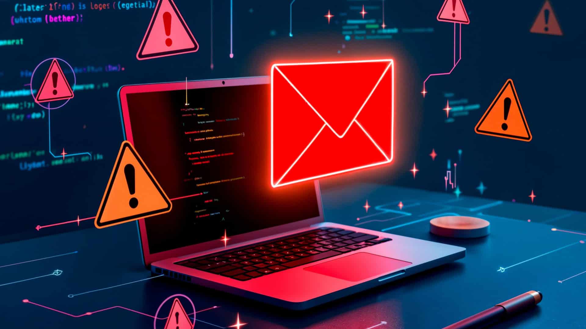 ilustração mostrando um notebook, com imagens de um envelope simbolizando um e-mail e diversos símbolos de alerta em volta