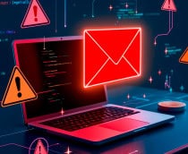 ilustração mostrando um notebook, com imagens de um envelope simbolizando um e-mail e diversos símbolos de alerta em volta