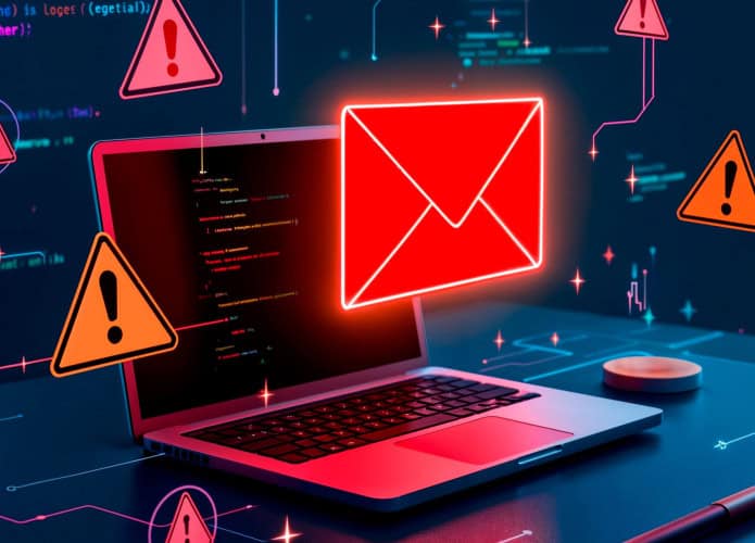 ilustração mostrando um notebook, com imagens de um envelope simbolizando um e-mail e diversos símbolos de alerta em volta