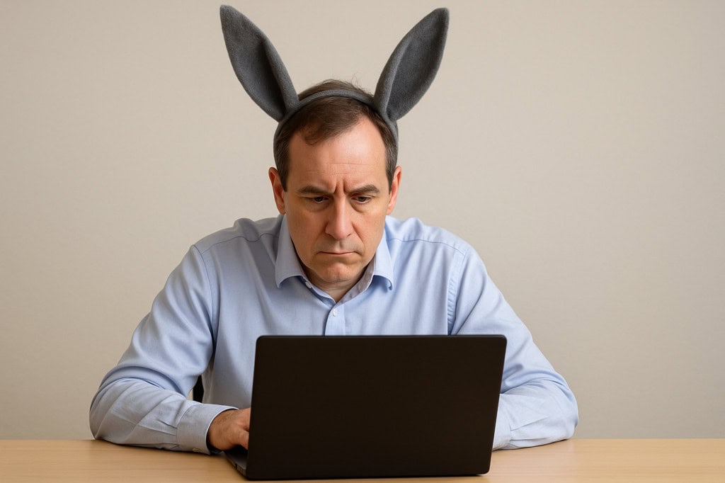 Homem no computador com orelha de burro