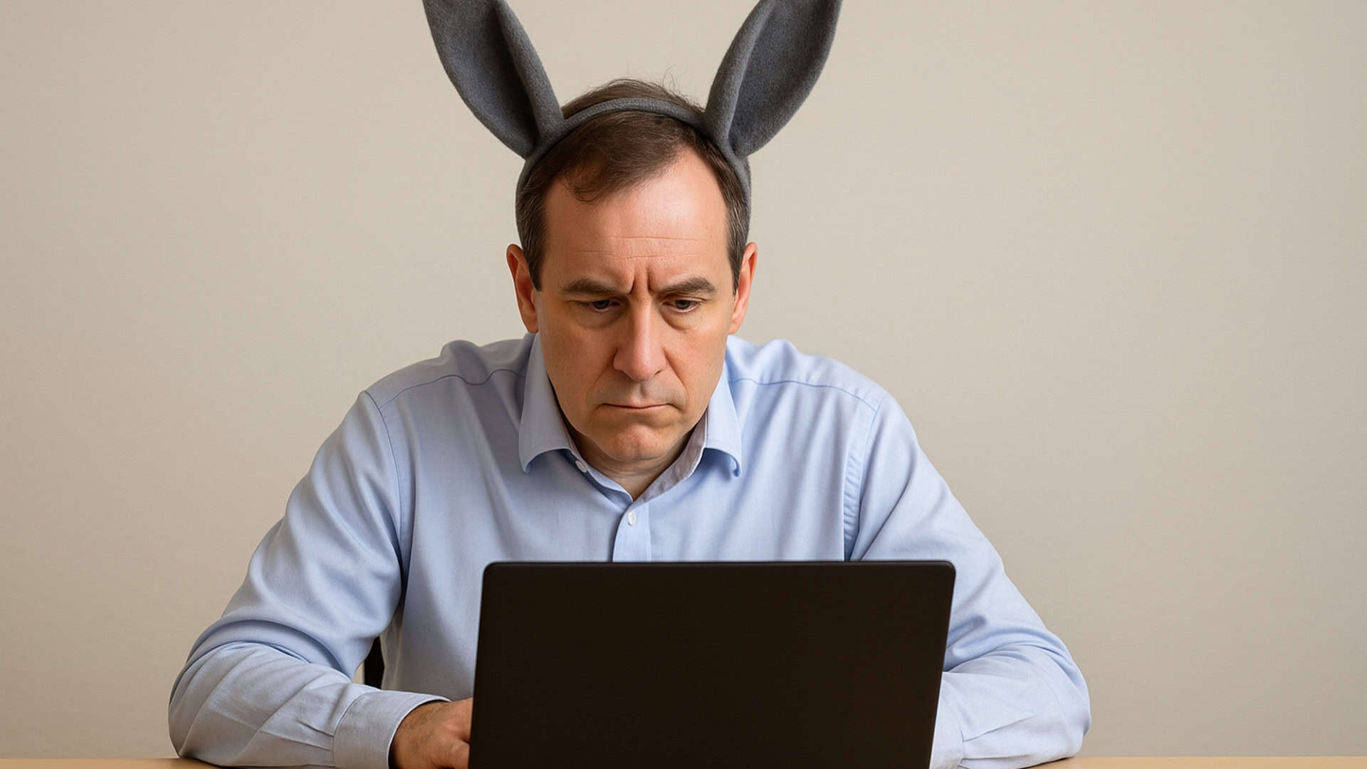 Homem no computador com orelha de burro