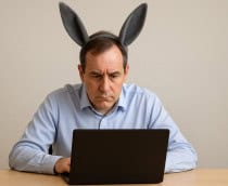 Homem no computador com orelha de burro