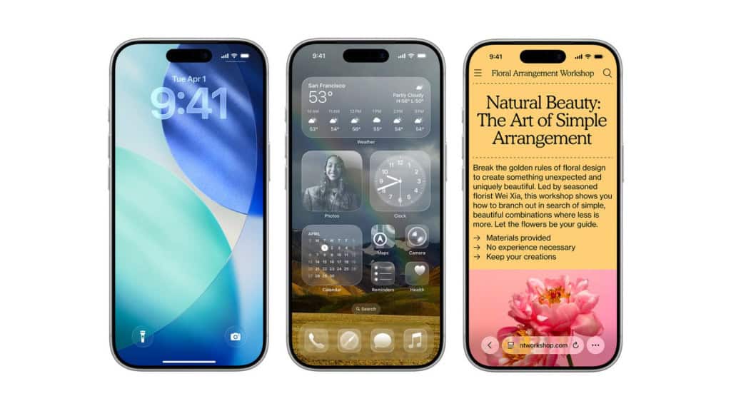 Montagem com modelos de iPhone exibindo telas do iOS 26