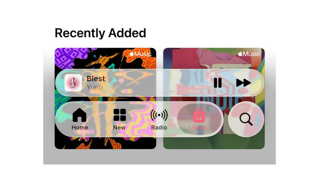 Captura de tela destacando novo visual da interface do Apple Music num iPhone com iOS 26