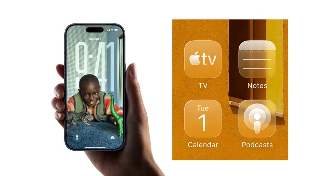 Montagem com imagens de pessoa segurando iPhone e ícones de aplicativos na tela inicial – todos com o visual do iOS 26