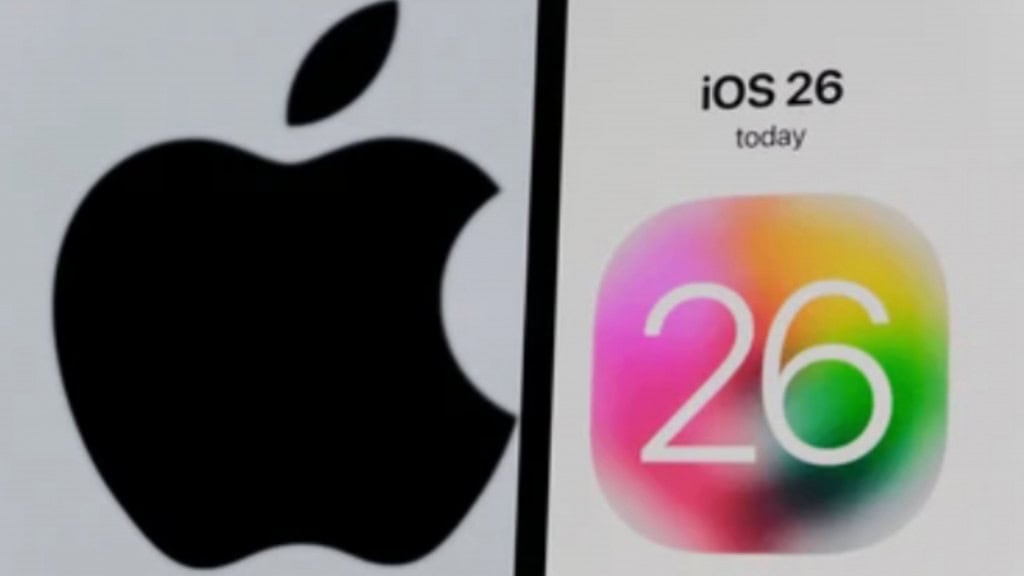 imagem mostrando a logo da Apple, uma maça cortada, e um celular com o novo iOS 26