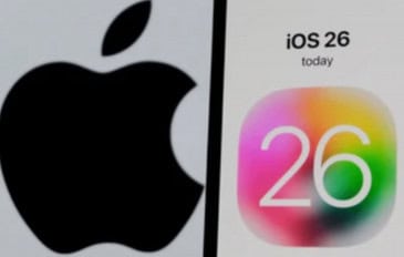 imagem mostrando a logo da Apple, uma maça cortada, e um celular com o novo iOS 26