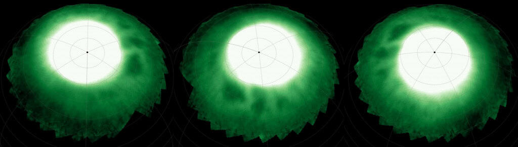 Montagem de imagens estáticas de animação mostrando as características escuras incrustadas em halos aurorais brilhantes enquanto Saturno gira sob a visão do JWST