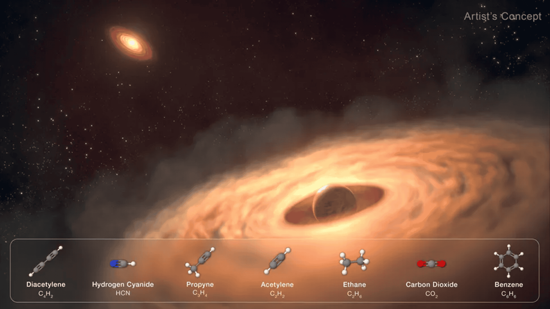 Impressão artística de um disco circumplanetário em formação lunar ao redor de CT Cha b e das moléculas de carbono encontradas nele