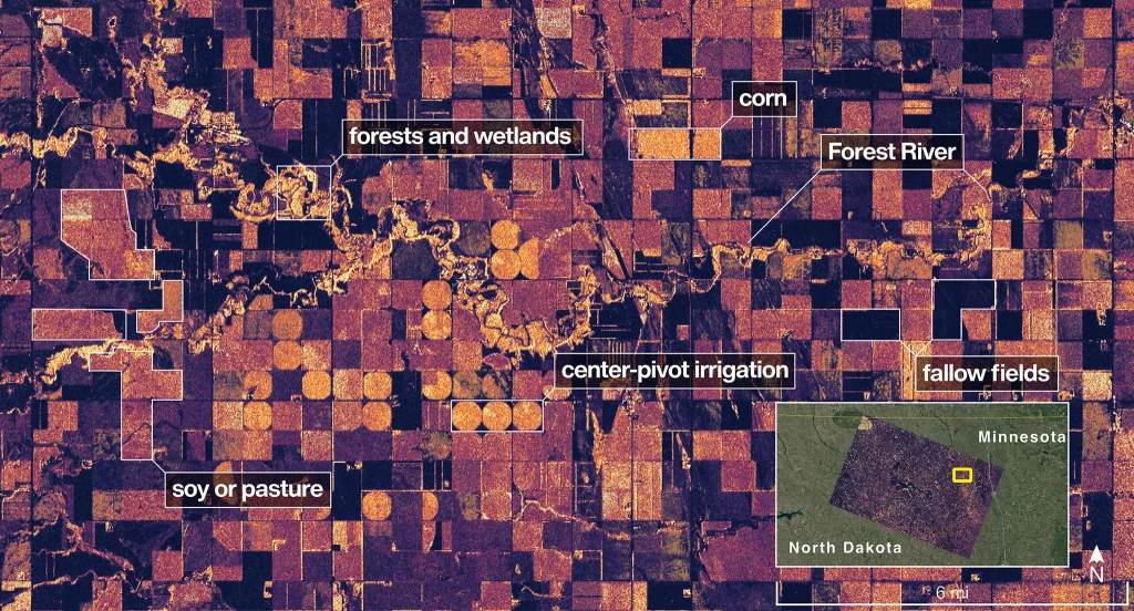 Terras adjacentes ao Rio Forest, no nordeste da Dakota do Norte. Áreas úmidas e florestas de cores claras margeiam as margens do rio, enquanto áreas circulares e retangulares ao longo da imagem aparecem em tons que indicam que a terra pode ser pastagem ou área de cultivo com milho ou soja